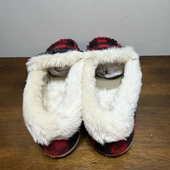 J Crew NWOT Red & Black Buffalo Plaid Faux-Shearling Moccasin Slippers Size 9 - Picture 5 of 9